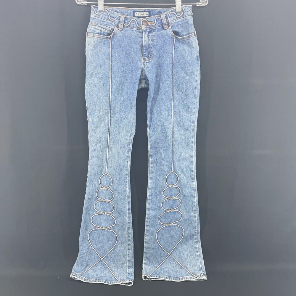 Y2K Vtg Gasoline Brand Womens 3 Flare Boot Leg Denim Jeans Swirl Stitch Festival